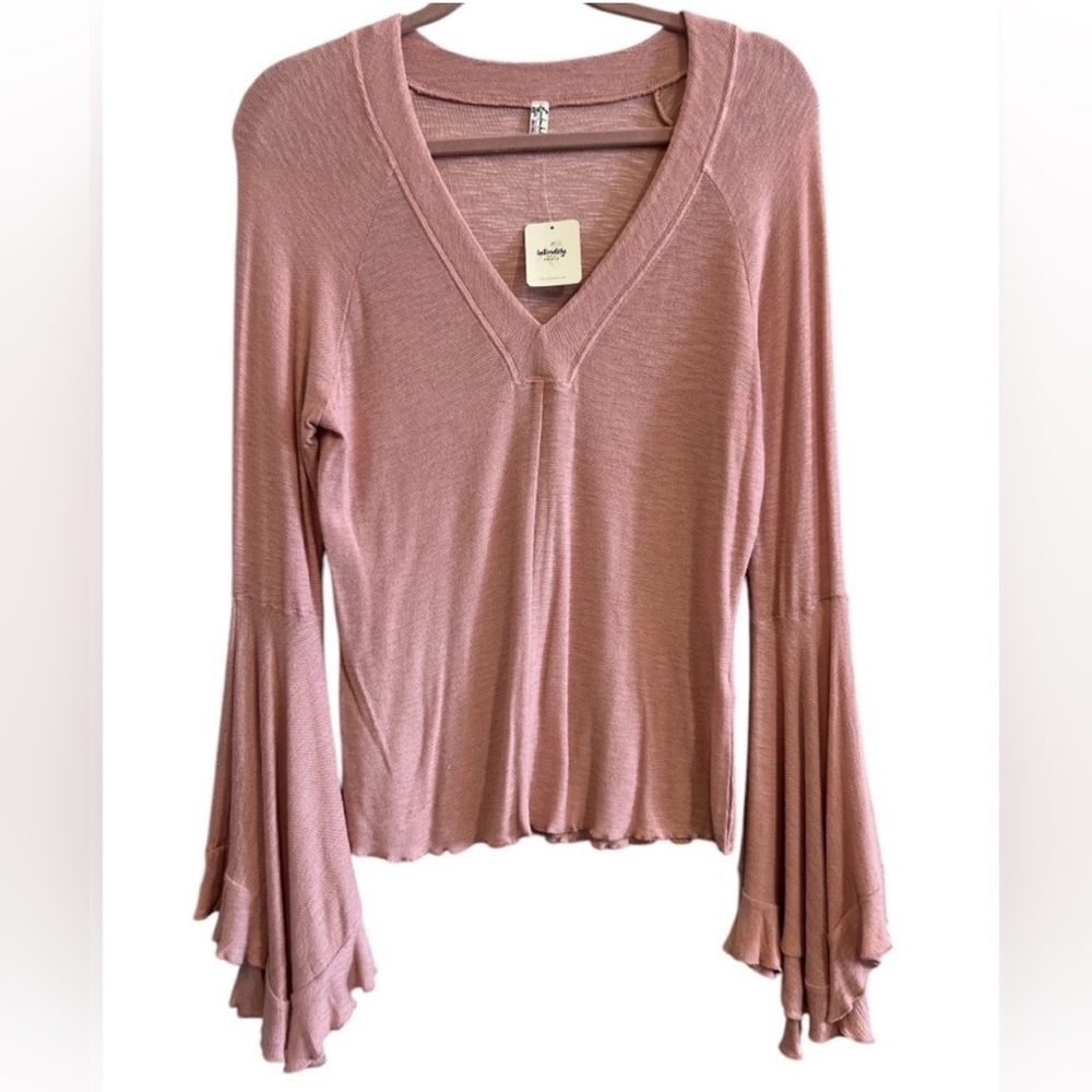 Free People Dusty Pink Long Sleeve With Bell Cuffs V-Neck Boho Top Size Large